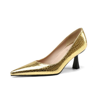 大码 鳄鱼纹漆皮显瘦尖头高跟单鞋 性感金色高跟鞋