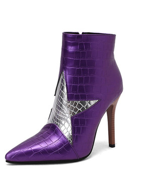 性感五角星拼色尖头高跟短靴紫色女靴蓝色时装靴大码45 46 47 48