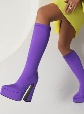 玫红色女靴子紫色高筒靴蓝色高跟靴子粗跟防水台弹力靴大码40-45