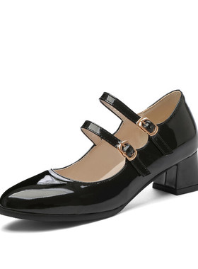 粉红色玛丽珍鞋皮带扣小皮鞋红色漆皮中跟单鞋大码43 44 45 46 47