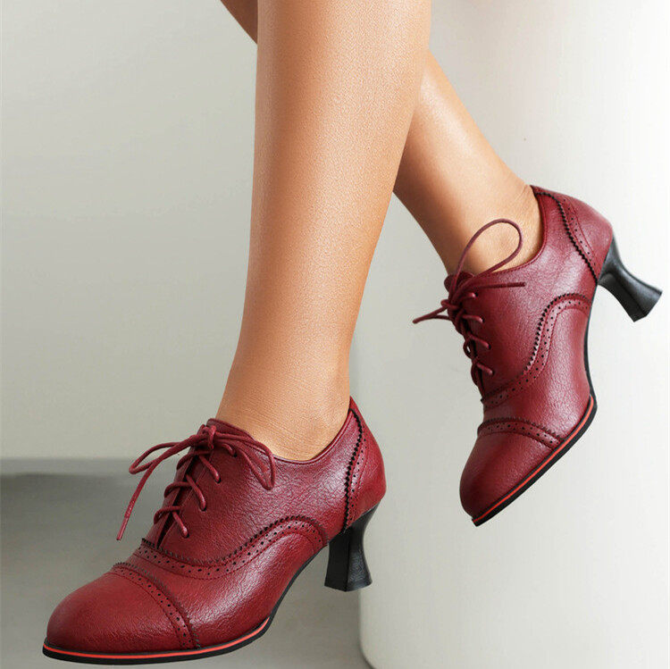 韩版粗跟单鞋系带深口鞋酒红色绑带雕花中跟鞋大码44 45 46 47 48
