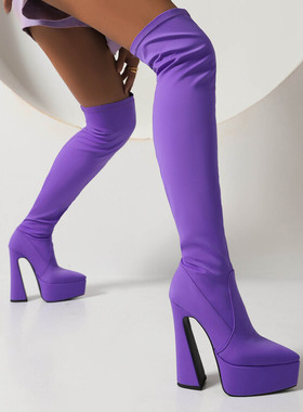 紫色过膝靴玫红色长靴蓝色超高跟防水台显瘦尖头弹力靴大码40-45