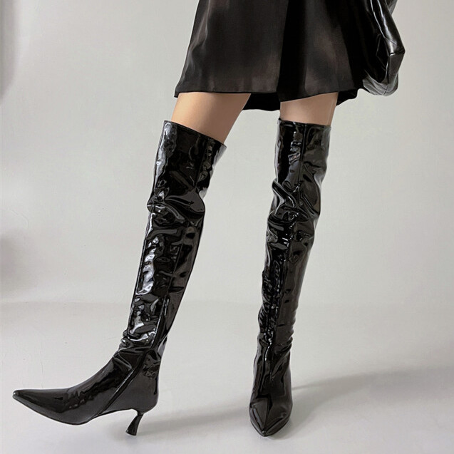 欧美风黑色漆皮过膝靴中跟显瘦白色漆皮长靴子大码44 45 46 47 48