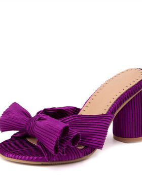 紫色拖鞋玫红色银色一字拖蝴蝶结粗高跟凉拖鞋大码46 47 48 49 50