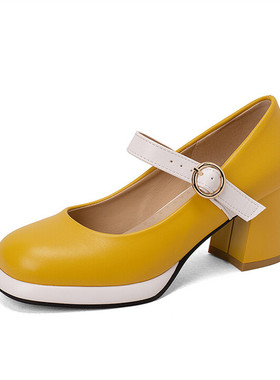 黄色高跟鞋蓝色粗跟搭扣单鞋一字式拼色高跟鞋大码44 45 46 47 48