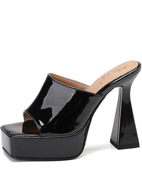 欧美银色超高跟凉鞋12CM黑色漆皮高跟方头凉拖鞋大码43 44 45 46