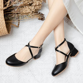 鞋 休闲素面百搭浅口小圆头粗跟四季 大码 中跟单鞋 48码