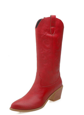 民族风刺绣中跟靴子红色军绿色粗跟中筒靴大码46 47 48 49 50 51