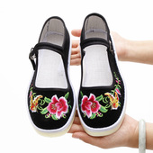 春秋传统手工布鞋 牛筋底黑色绣花鞋 民族风舞蹈鞋 千层底带攀妈妈鞋