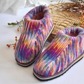 中老年厚底家居鞋 冬季 女针织保暖鞋 成品加绒加厚手工毛线棉鞋 新款