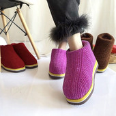 新款 加绒加厚手工编织毛线棉鞋 女松糕底海绵保暖鞋 2025冬季 家居鞋