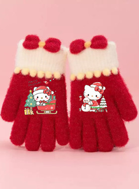 圣诞新年红色儿童手套冬天保暖女童可爱全指五指女孩男孩宝宝学生