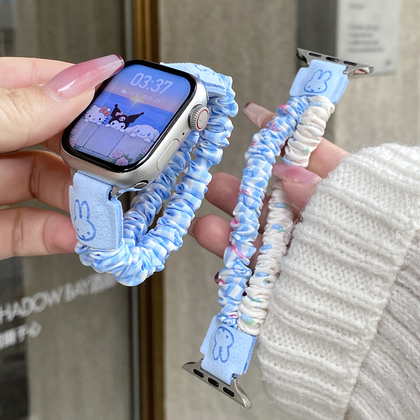 适用苹果手表s11发圈弹力表带iwatch10se3双圈可爱卡通9876透气女