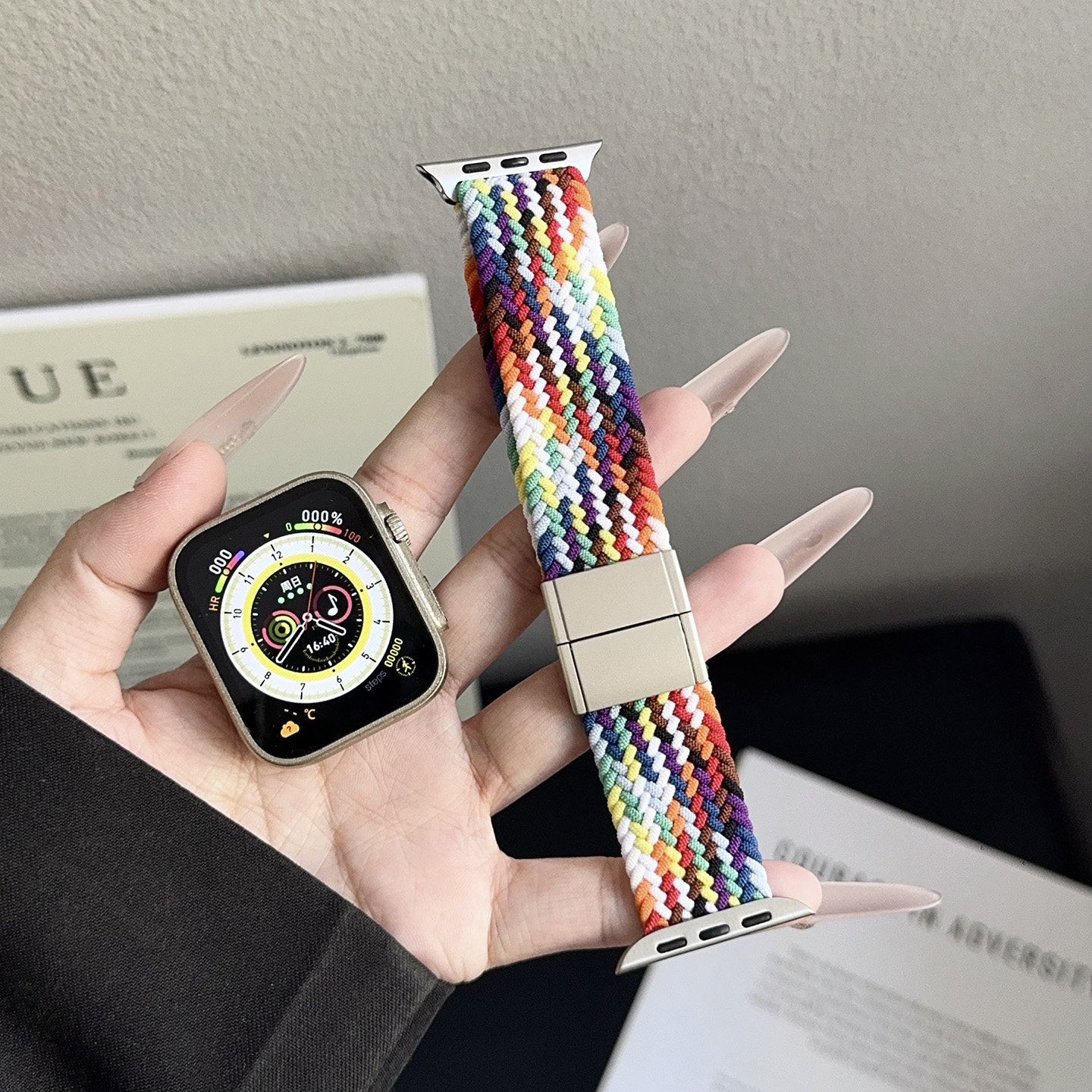 适用苹果手表s11ultra3se尼龙弹力编织表带iwatch10987磁吸扣男女