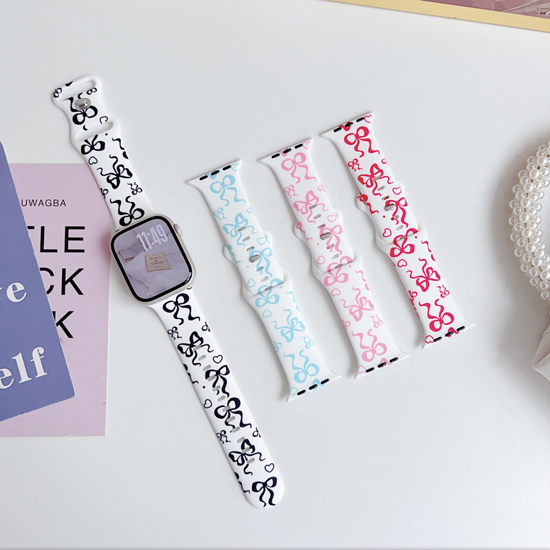 适用苹果手表s11ultra3硅胶表带iwatch109se8765可爱蝴蝶结印花女