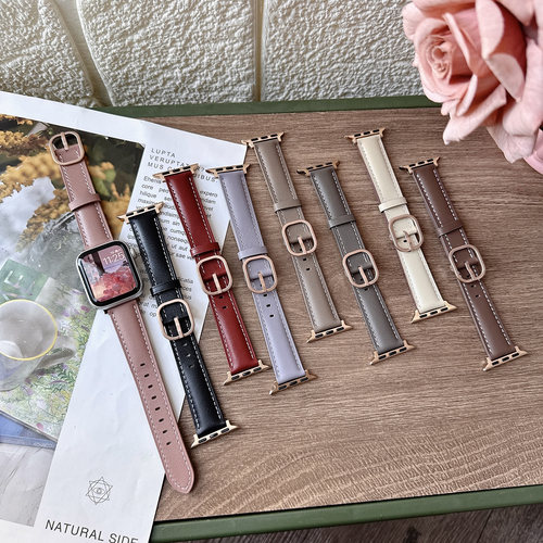 适用AppleWatch11真皮表带ultra3se苹果手表平纹日字扣678910女款