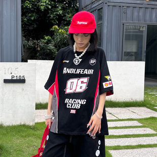 ANDLIFE品牌撞色解构拼接原创美式 男女街舞宽松t恤夏 赛车印花短袖