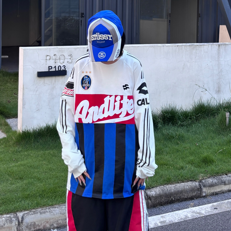 ANDLIFE品牌REMAKE球衣条纹拼接复古刺绣美式街头潮牌长袖t恤男女