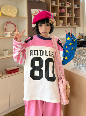 ANDLIFE品牌26SS多巴胺撞色拼接星星印花重磅潮牌情侣长袖t恤美式