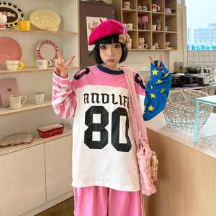 ANDLIFE品牌26SS多巴胺撞色拼接星星印花重磅潮牌情侣长袖 t恤美式
