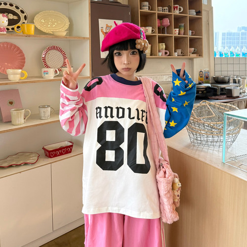 ANDLIFE品牌26SS多巴胺撞色拼接星星印花重磅潮牌情侣长袖t恤美式
