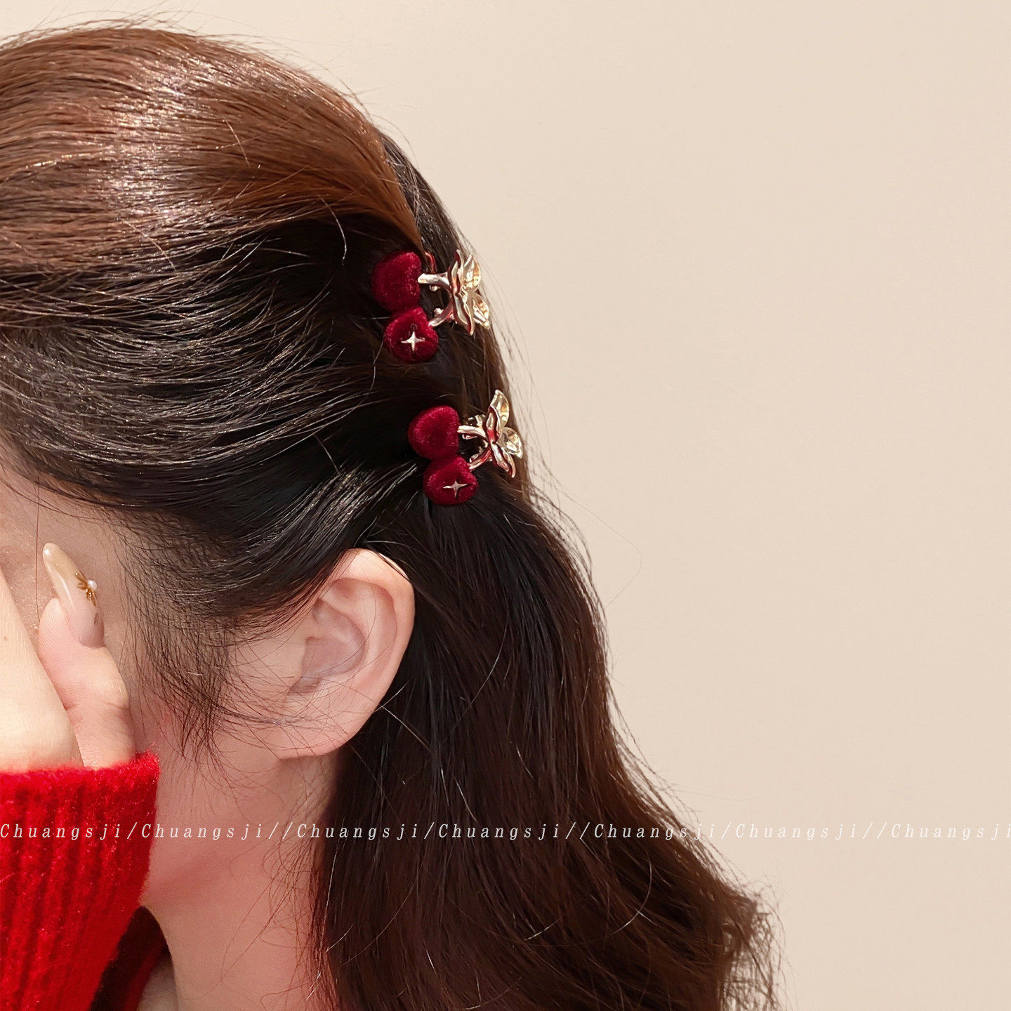 丝绒樱桃小抓夹女2025新款前额刘海夹小夹子侧边边夹发卡发夹发饰