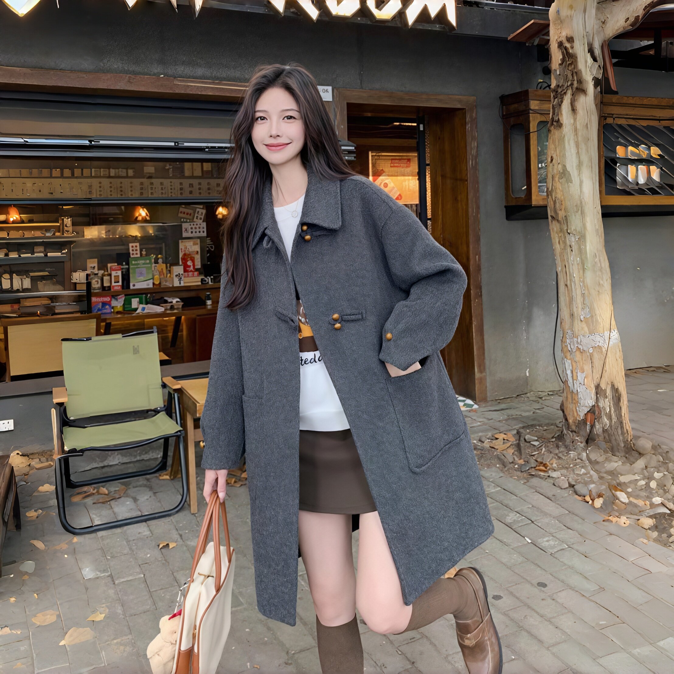 灰色赫本风盘扣中长毛呢大衣女