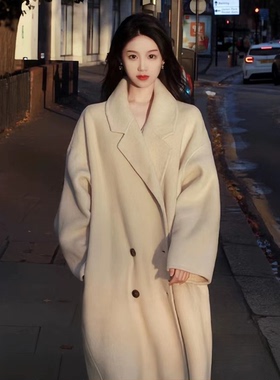 黑灰色双面羊绒大衣女2025秋冬新款韩系宽松中长款高端羊毛呢外套