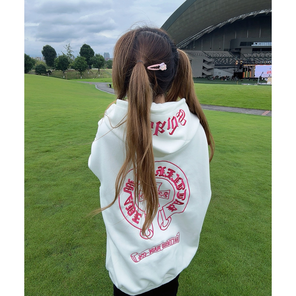 美式复古十字架字母刺绣连帽卫衣女秋冬新款宽松休闲情侣百搭外套