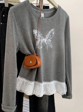 胖MM大码240斤灰色蝴蝶蕾丝边德绒长袖t恤女上衣春秋季宽松打底冬