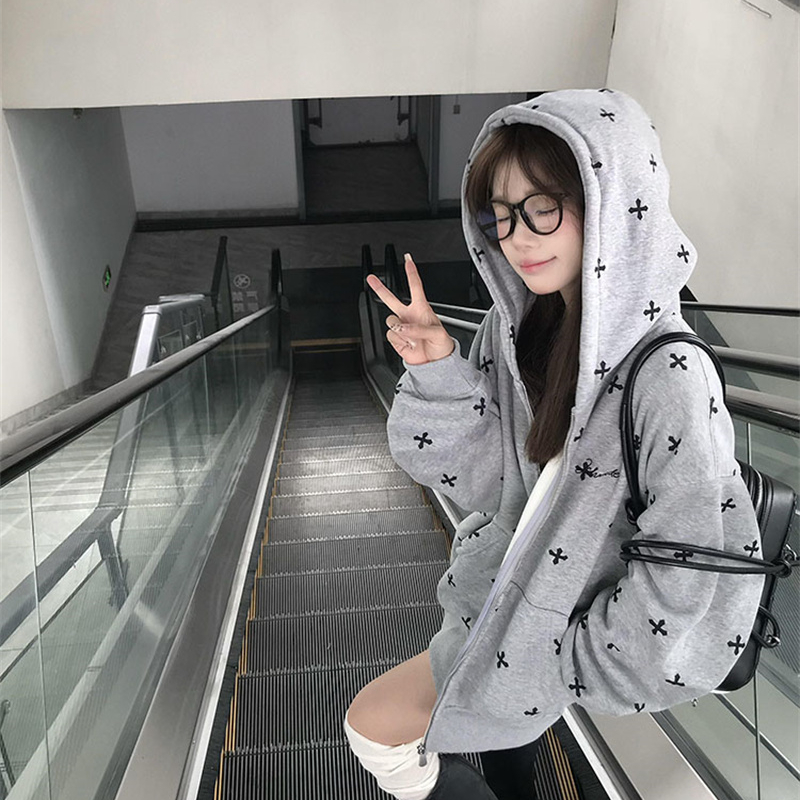 美式复古高街十字架满印卫衣女秋冬季薄款宽松学院风开衫连帽外套