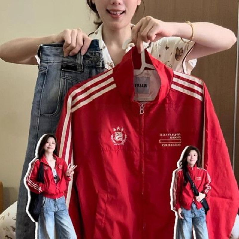 红色美式复古外套女秋季2025新款设计感潮牌小众休闲立领夹克外套,女装/女士精品,卫衣/绒衫,淘宝优惠券,粉丝福利购,淘宝优惠卷