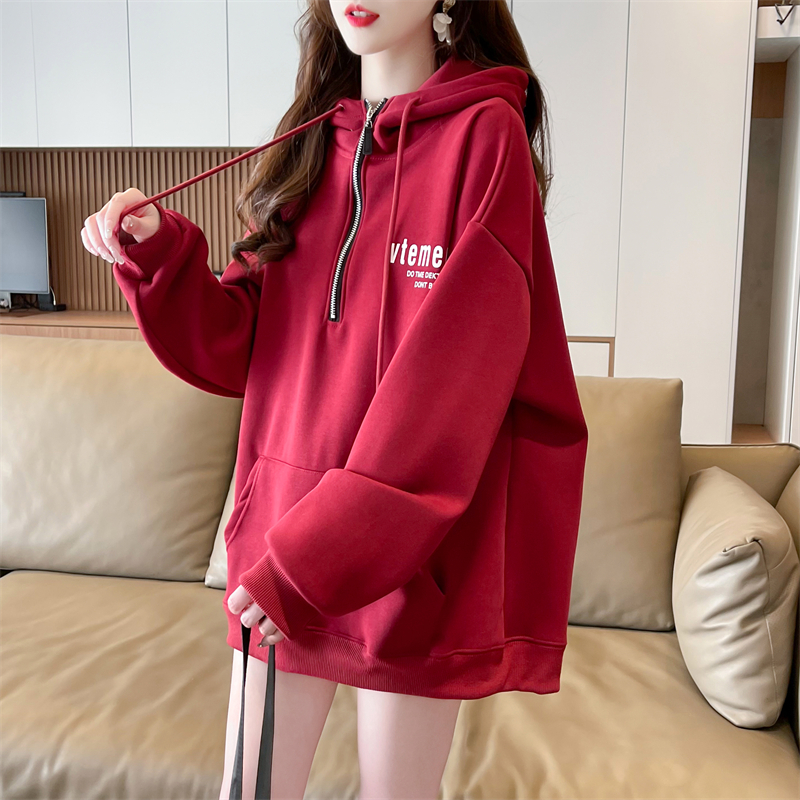 加绒加厚半拉链卫衣女秋冬2025新款大码韩系慵懒风套头连帽外套潮