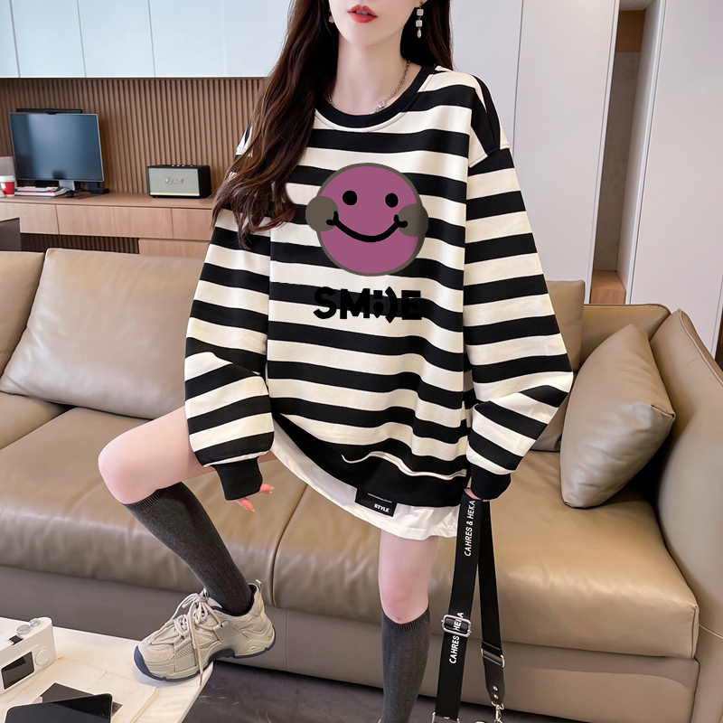 可爱拼接假两件条纹笑脸卫衣女秋冬加绒宽松大码女装学生遮肚上衣