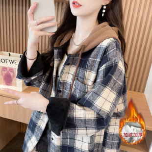 时尚韩版加厚磨毛连帽格子衬衫女秋冬宽松减龄慵懒风加绒外套上衣