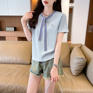 t恤女夏装 ins简约休闲显瘦短袖 小个子宽松圆领系带拼接高级感上衣