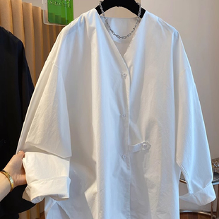 胖妹妹特大码300斤法式白色v领衬衫女春秋新款显瘦遮肚子上衣T恤