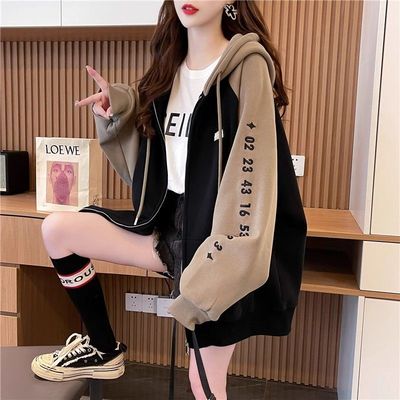 拼色连帽设计感拉链薄款卫衣女春秋新款宽松大码胖mm开衫外套上衣