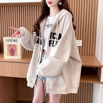 连帽卫衣女士2025新款爆款春秋薄款中长款胖mm大码上衣初中生外套