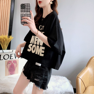 纯棉短袖t恤女宽松炸街网红ins潮短款上衣夏装2025年新款初中学生