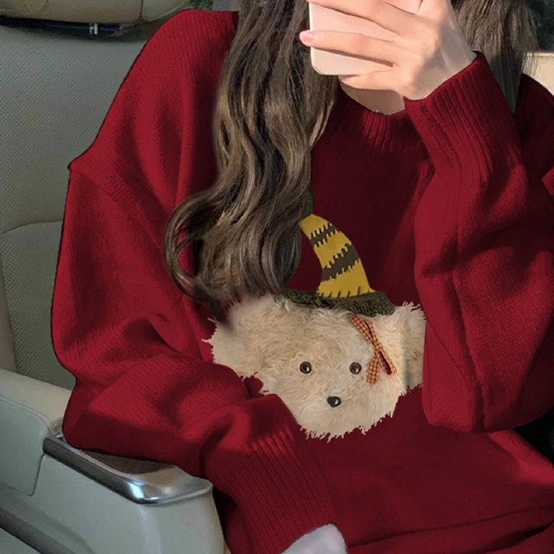 韩系小熊红色毛衣女秋冬季加绒加厚宽松慵懒风内搭打底针织衫上衣