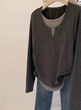 胖MM大码240斤假两件灰色长袖T恤女秋冬季修身显瘦内搭高级感上衣