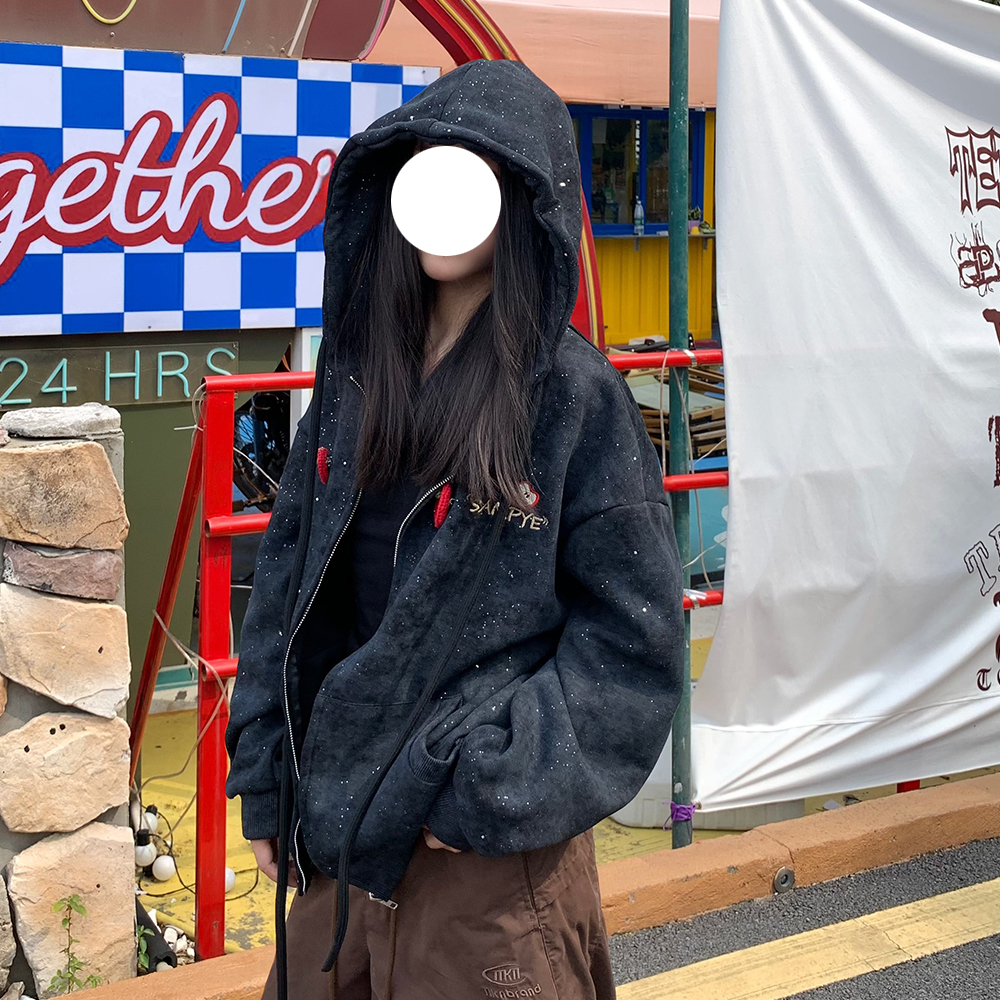 美式复古苹果刺绣连帽卫衣女秋冬新款加绒宽松百搭满天星开衫外套