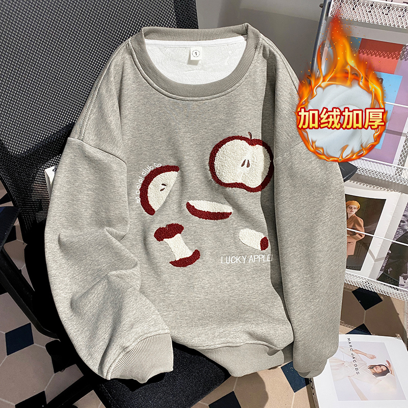 苹果刺绣圆领卫衣女秋冬加绒加厚宽松韩系小众设计感长袖上衣无帽