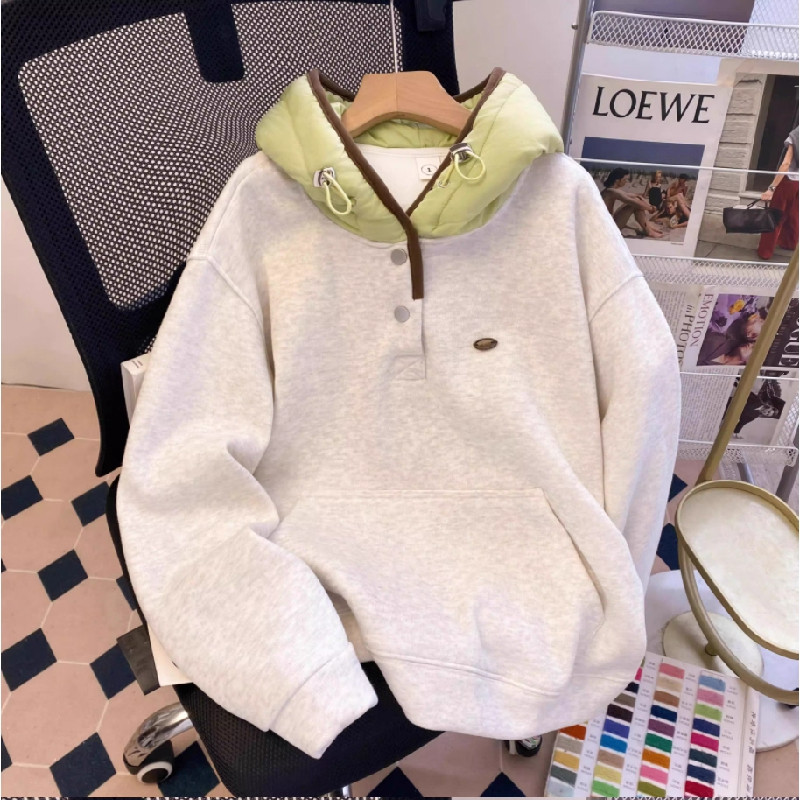 连帽撞色卫衣女秋冬加绒加厚韩系休闲宽松设计感小众慵懒风外套潮