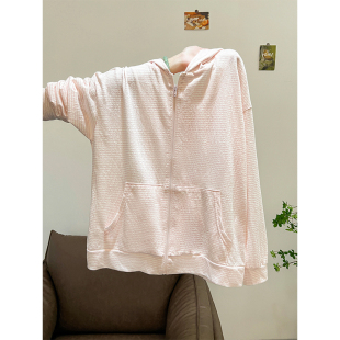 甜美条纹撞色拉链口袋连帽外套女2025早秋新款 宽松显瘦设计感上衣