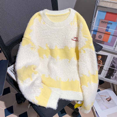 大码黄色条纹刺绣马海毛软糯毛衣女秋冬新款加厚针织衫慵懒风上衣