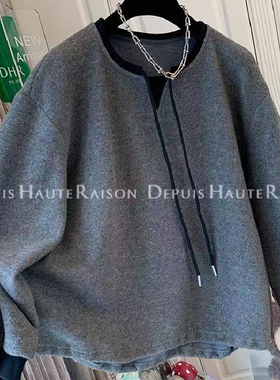 胖MM大码240斤剪刀领绒感卫衣女秋冬季宽松大版灰色内搭显瘦外套