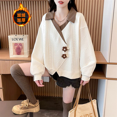 翻领提花卫衣女秋冬2025新款爆款时尚洋气小个子加绒加厚减龄上衣