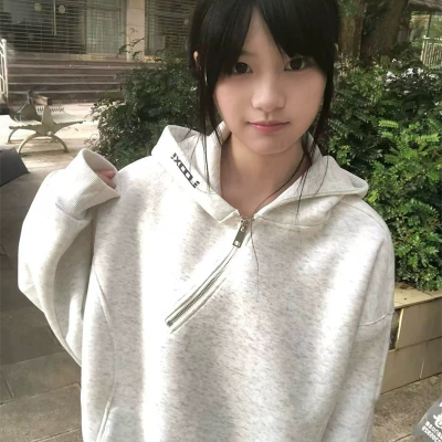 美式复古刺绣斜拉链连帽卫衣女2025新款秋冬季加绒加厚初中生上衣